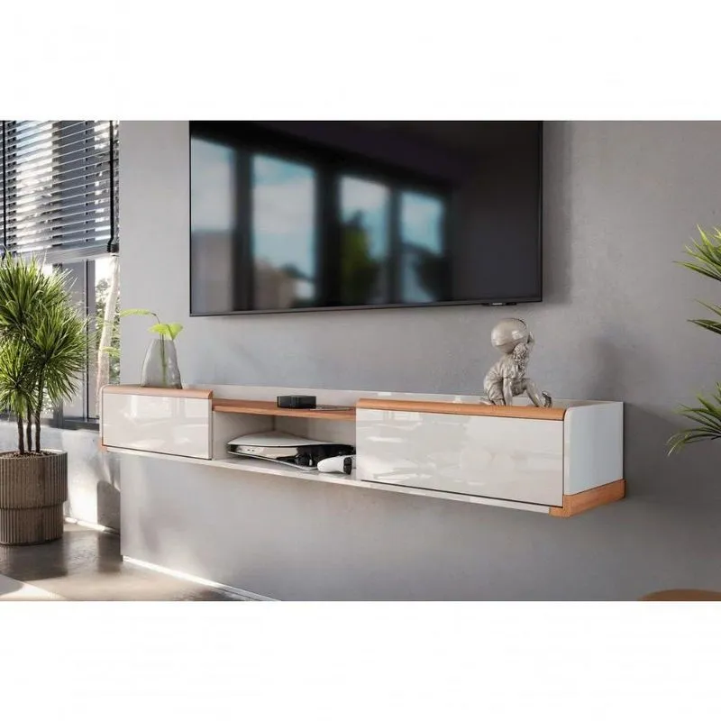 Bancada Suspensa Atlas 1.8 Suporte P/ Decoração E Eletrônicos Off White Perolizado/jequitiba