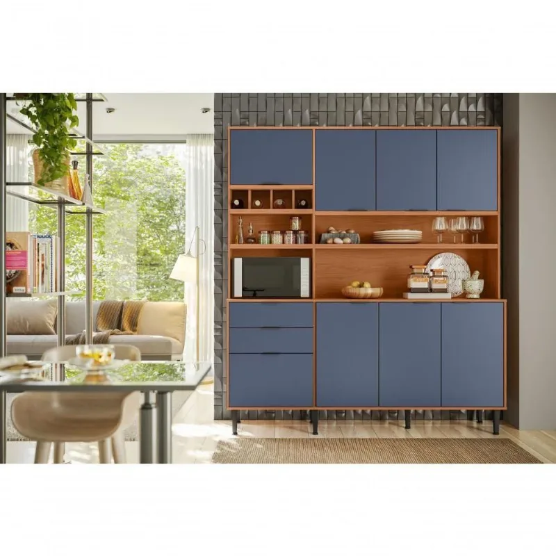 Kit Cozinha Viena Com 7 Portas E 3 Gavetas Jequitiba Azul Lord Lukaliam