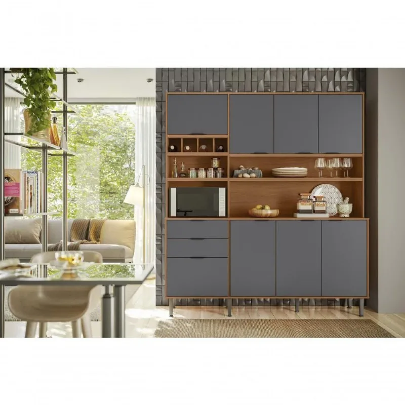 Kit Cozinha Praga Com 7 Portas E 3 Gavetas Jequitiba Cinza