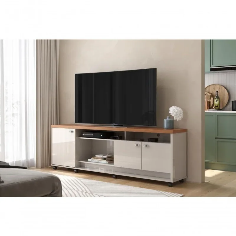 Bancada para TV Napoli 183cm MDP com Rodízios e Nichos Off White Perolizado e Jequitiba Lukaliam