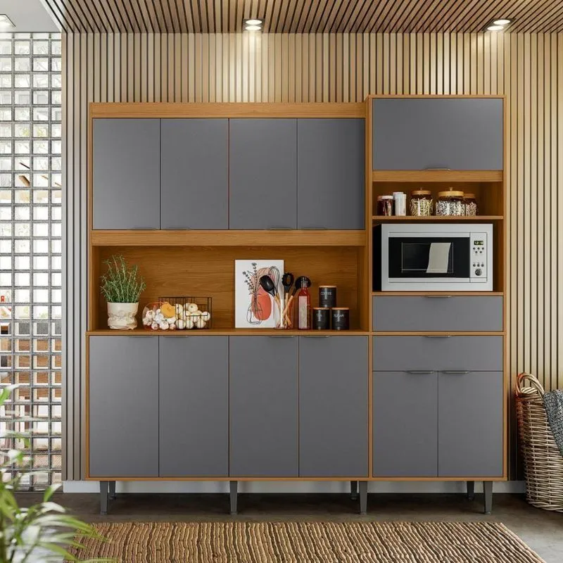 Cozinha Atlantis 11 Armários 2 Gavetas 200cm Jequitiba Cinza Lukaliam Móveis