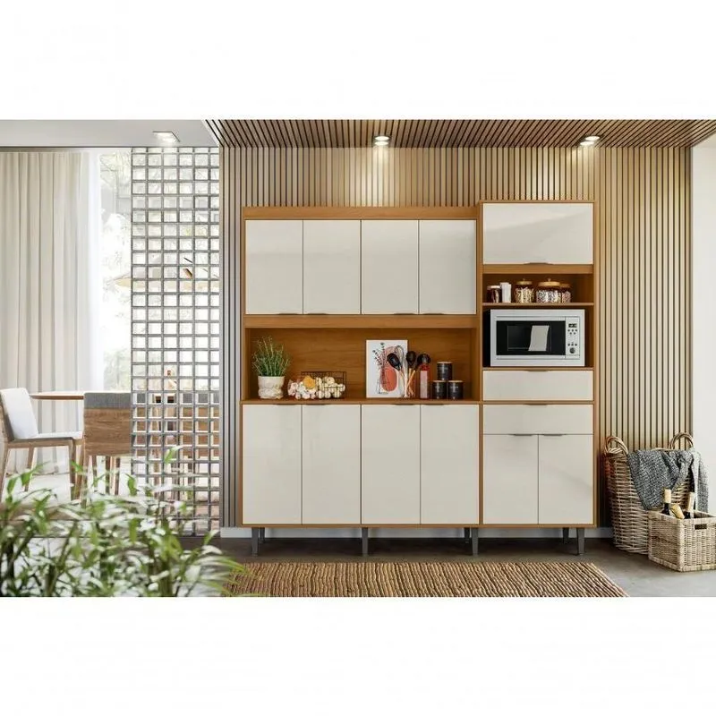 Cozinha Atlantis 11 Módulos 2 Gavetas Jequitiba E Off White Lukaliam Móveis