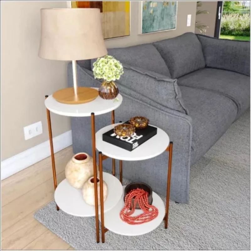 Conjunto Mesa De Centro E Lateral Lunis Branca Com Pés De Ferro Bronze
