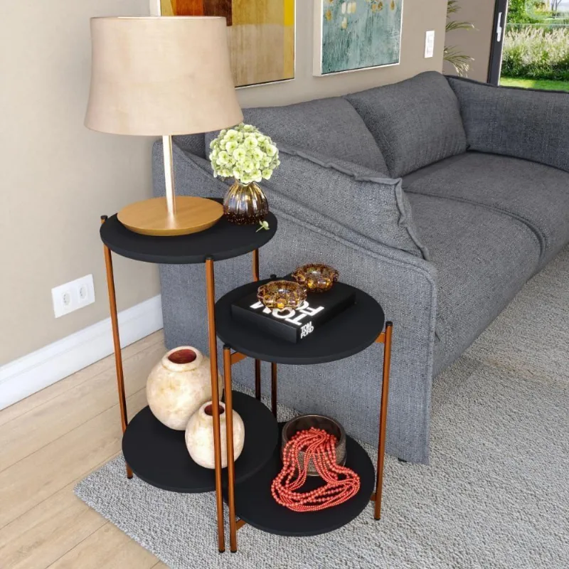 Conjunto Mesa De Centro E Lateral Lunis Preto Com Pés De Ferro Bronze