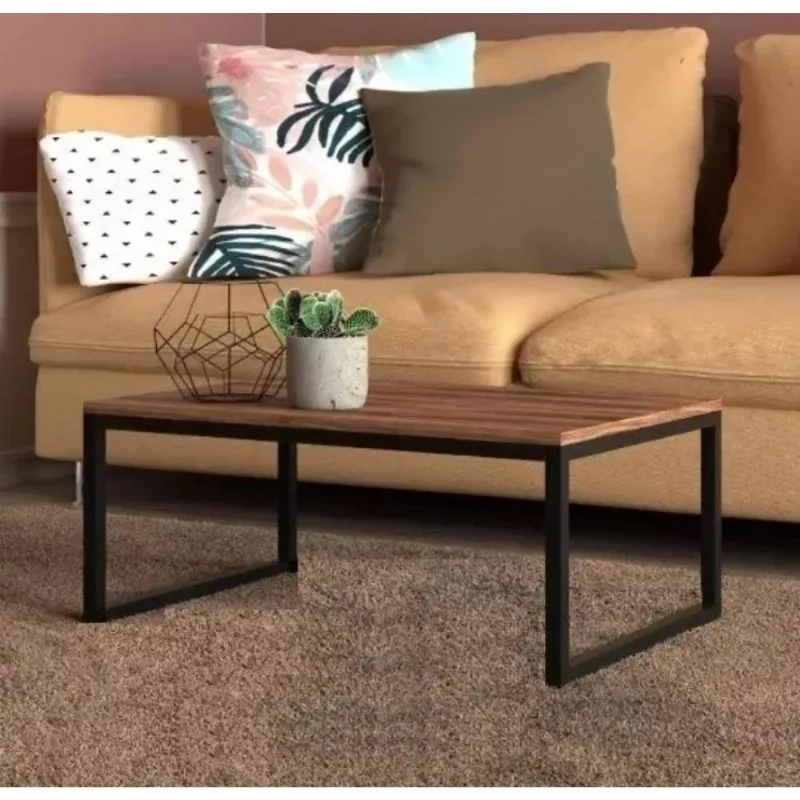 Mesa Centro Sala Pés De Ferro Industrial 80x40 Tampo Mdf Amadeirado Carmin