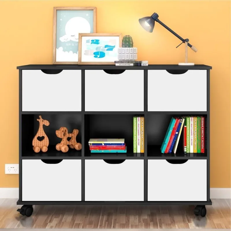 Conjunto Nicho Organizador Kenya 9 Espaços Com Rodízios Preto + 2 Kits 3 Gavetas Brancas