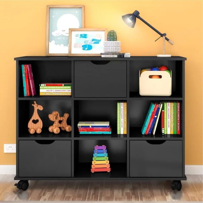 Conjunto Nicho Organizador Kenya 9 Espaços Com Rodízios Preto + Kit 3 Gavetas Pretas