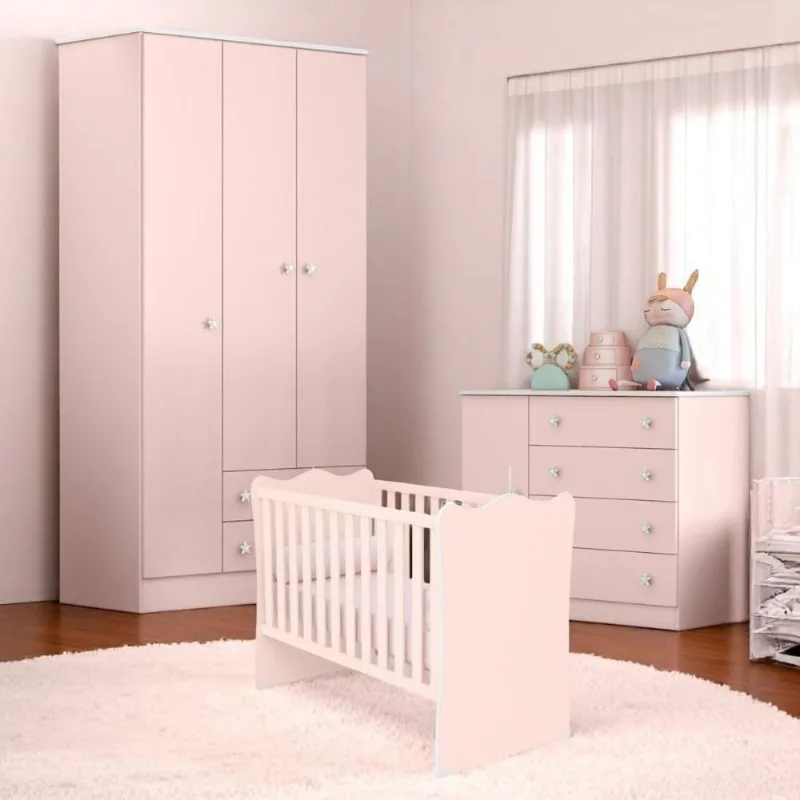 Conjunto Infantil Doce Sonho Berço Rodízios Cômoda Guarda-roupa Rosa Acetinado