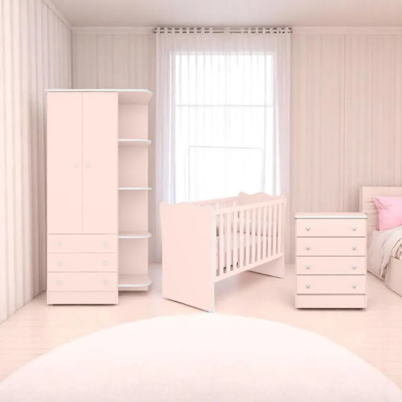 Conjunto Infantil Doce Sonho Berço Rodízios Cômoda Guarda-roupa Rosa Acetinado