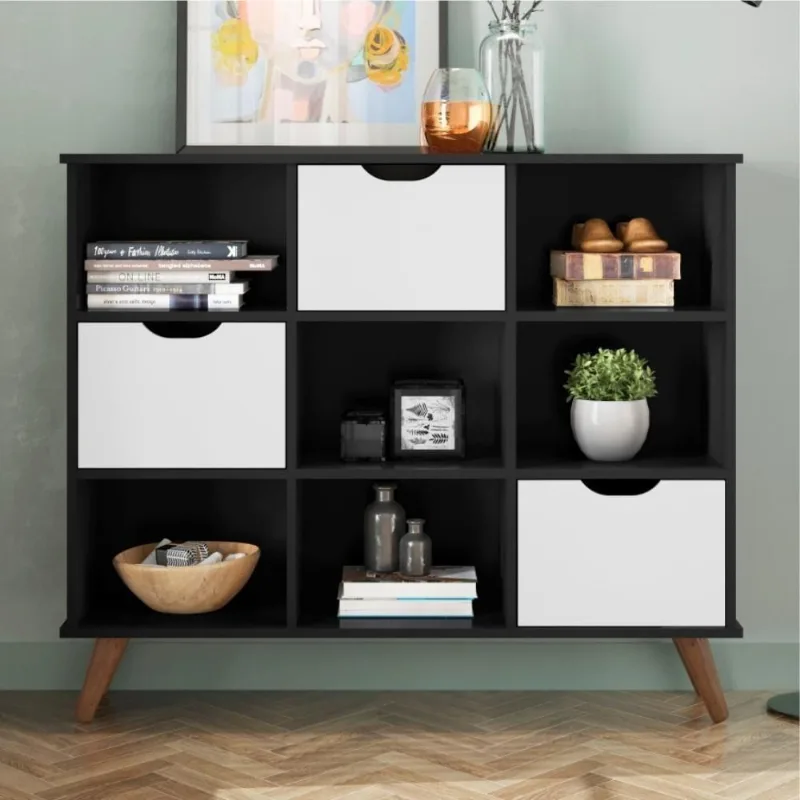 Conjunto Nicho Organizador Zuri Retrô 9 Espaços MDP Preto e Branco com Gavetas Qmovi