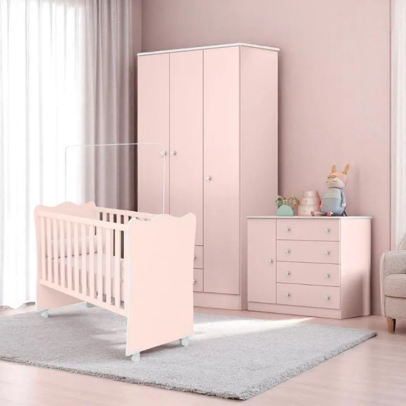 Conjunto Infantil Aurora 4 Portas 4 Gavetas em MDP 74cm Rosa Qmovi