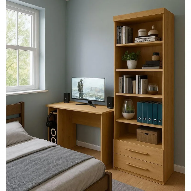 Conjunto Mesa e Livreiro Shadow 2 Gavetas MDP 114CM Freijó Qmovi