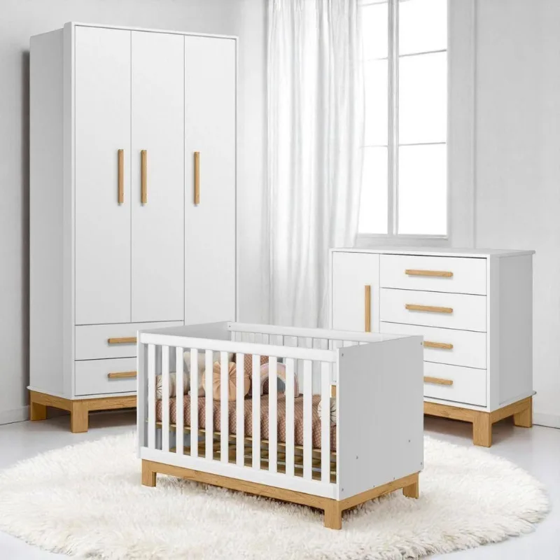 Conjunto Infantil Luar Berço Mini Cama Cômoda Guarda Roupa MDP Branco Acetinado Qmovi