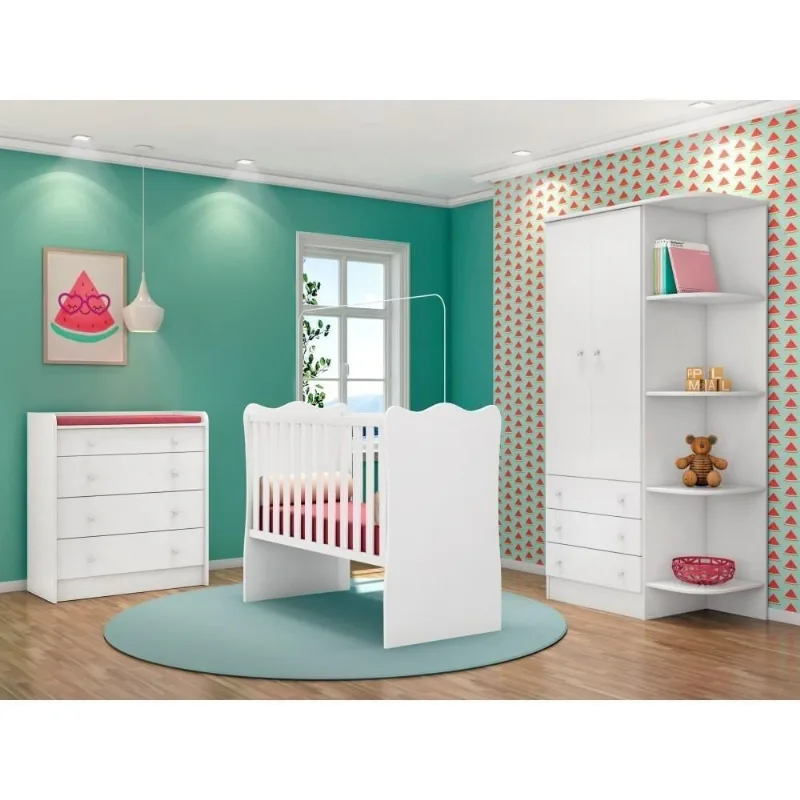 Conjunto Infantil Aurora 2 Portas 7 Gavetas em MDP-MDF 88,5cm Branco Qmovi