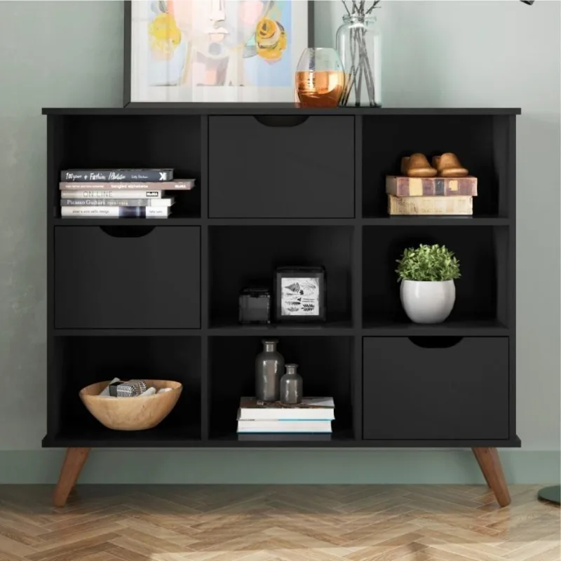 Conjunto Nicho Organizador Kenya Retrô 1 Prateleira 9 Espaços MDP Preto com Gavetas Qmovi