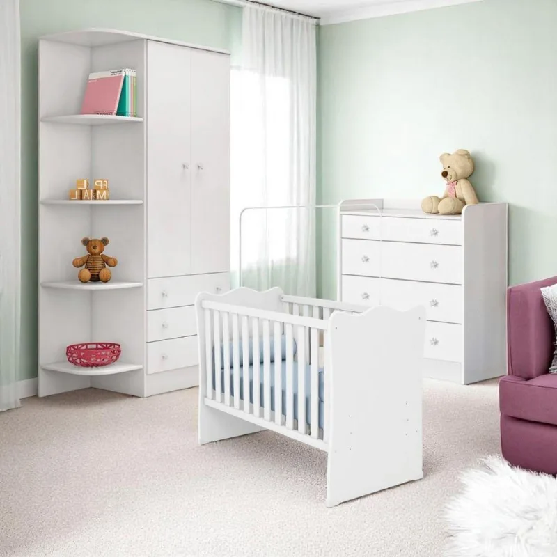 Conjunto Infantil Doce Sonho 2 Portas 4 Gavetas MDP Branco Qmovi Berço Guarda Roupa