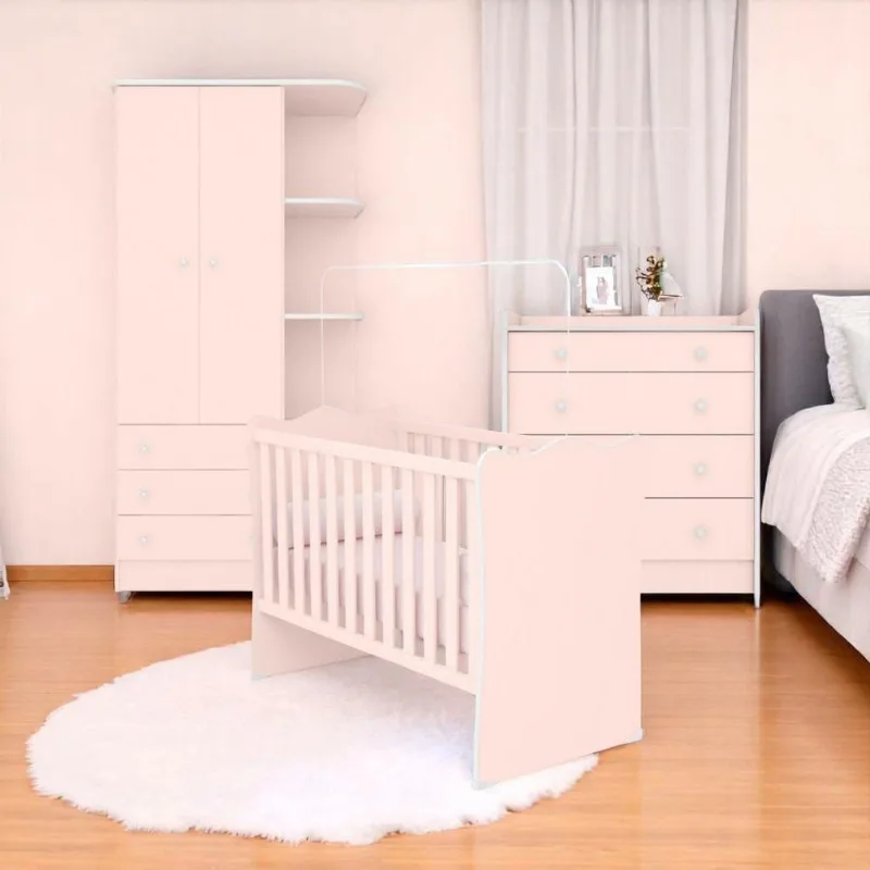 Conjunto Infantil Doce Sonho 2 Portas 4 Gavetas em MDP Rosa Acetinado Qmovi