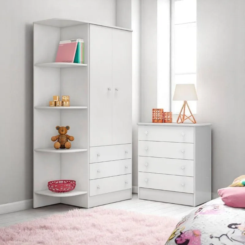 Conjunto Cômoda e Guarda-roupa Infantil Doce Sonho 2 Portas 4 Gavetas MDP 88,5cm Branco Qmovi