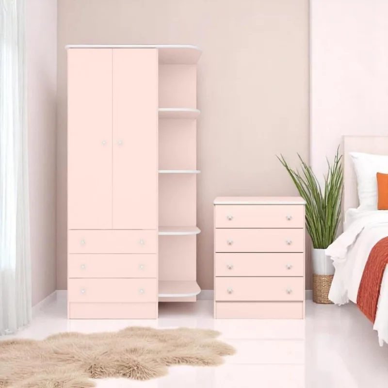 Conjunto Doce Sonho Rosa Acetinado Cômoda Doce Sonho 4 Gavetas + Guarda-roupa Infantil Doce Sonho 2 Portas