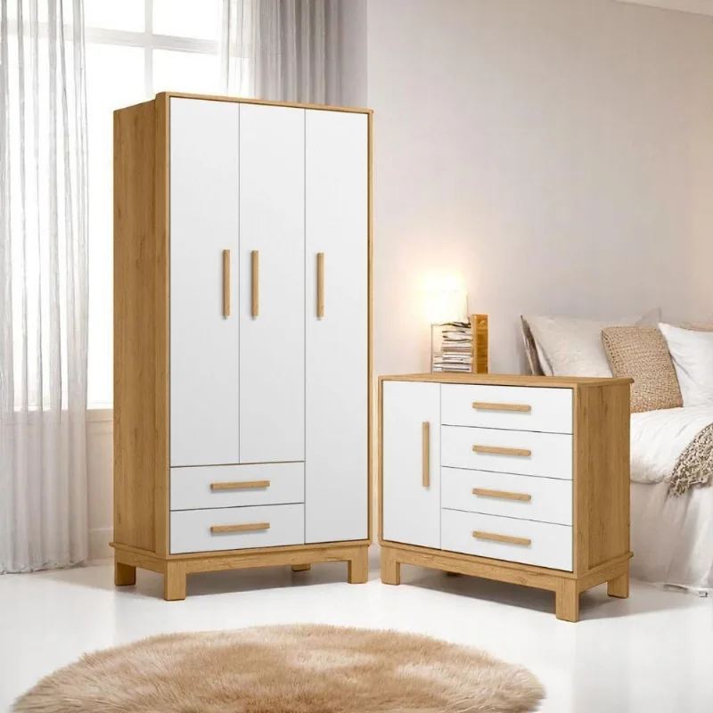 Conjunto Infantil Slim 4 Portas 6 Gavetas MDP 94cm Freijo Toq-Branco Acetinado Qmovi