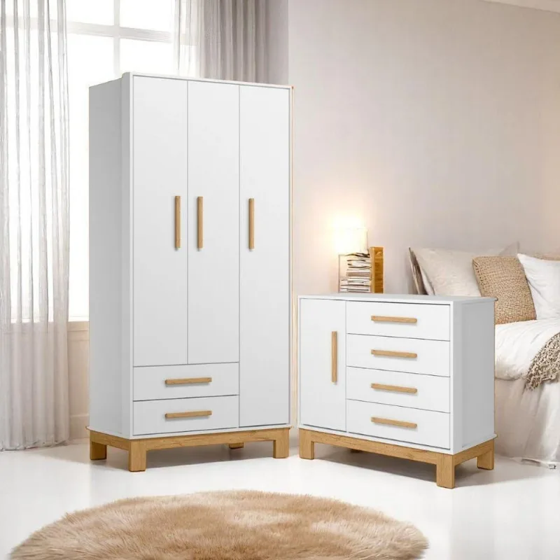 Conjunto Infantil Slim 4 Portas 6 Gavetas MDP 94cm Branco Acetinado Qmovi