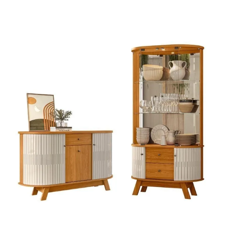 Conjunto Buffet e Cristaleira Monza Moss 7 Portas MDP Cinamomo-off-white Madetec Móveis