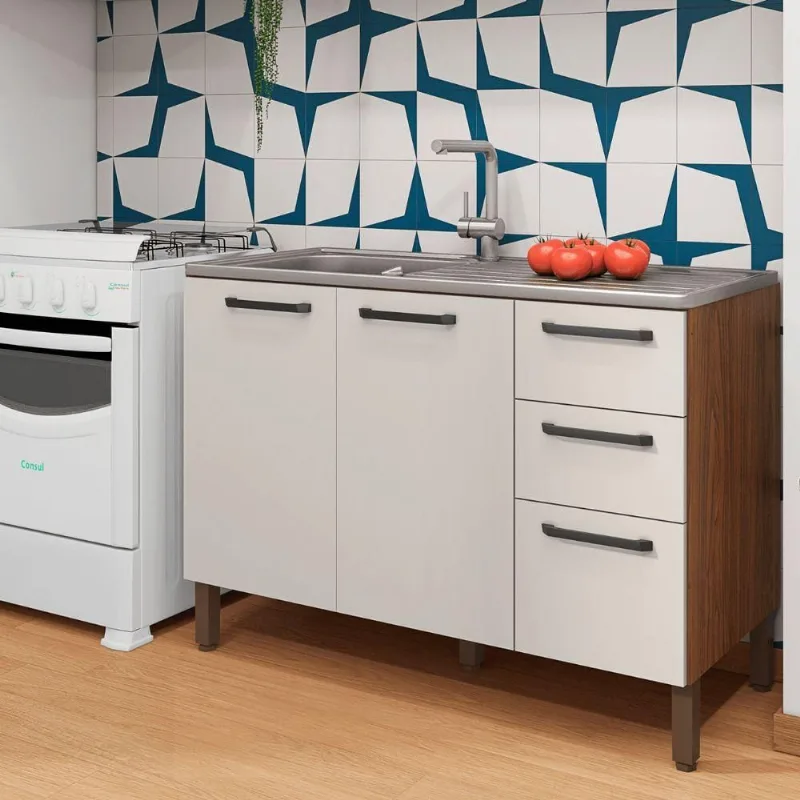 Balcão de Cozinha Firenze 3 Portas 2 Gavetas 120cm Nogueira Off White Kit's Paraná