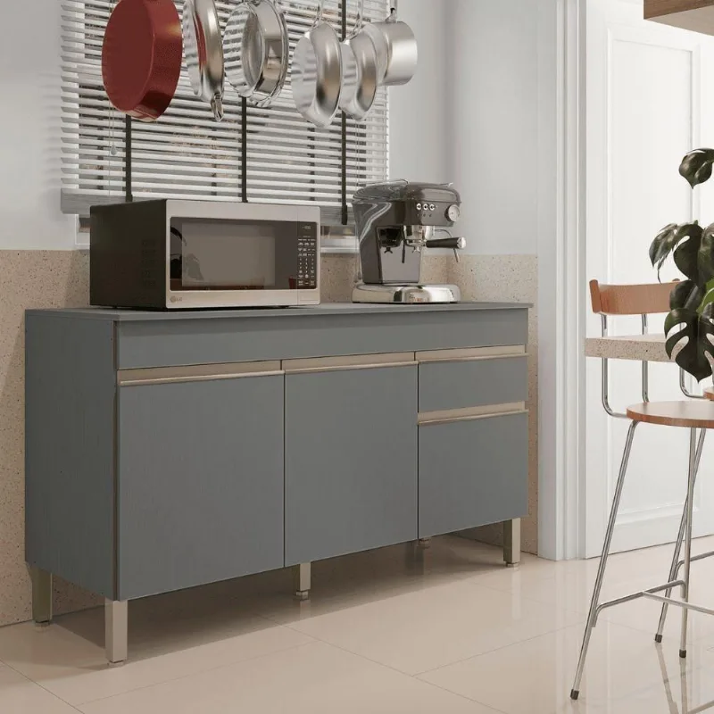 Balcão de Cozinha Line 3 Portas 1 Gaveta MDP 150cm Cinza Kit's Paraná