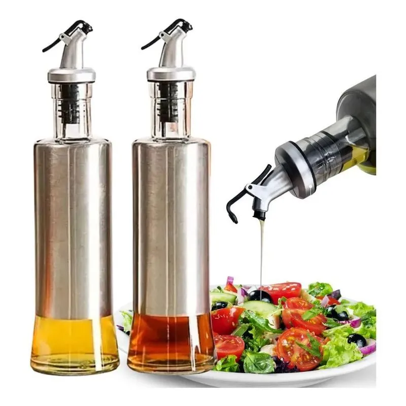 Kit 2 Porta Azeite Vinagre Com Dosador Galheteiro Vidro Inox