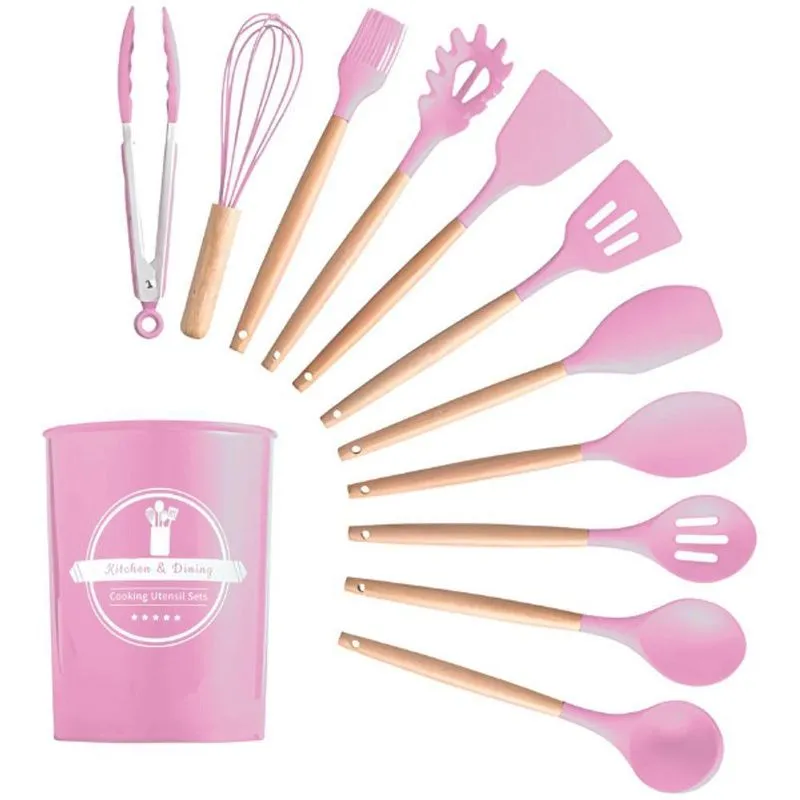 Kit Utensílios Cozinha 12 Peças Silicone Antiaderente (rosa)