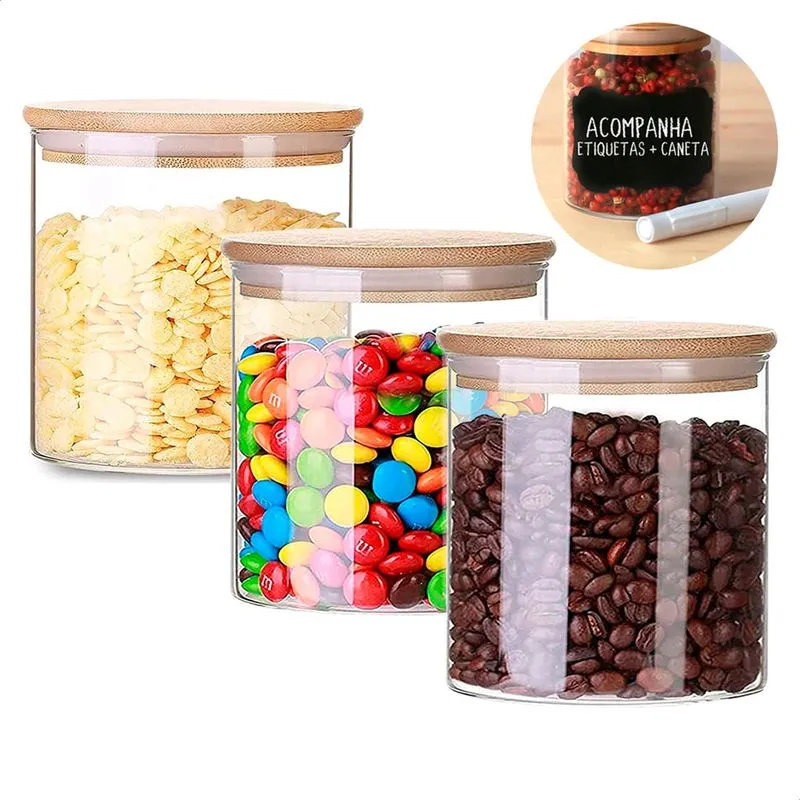 3 Potes Herméticos Vidro Tampa Bambu 600Ml (Largo)