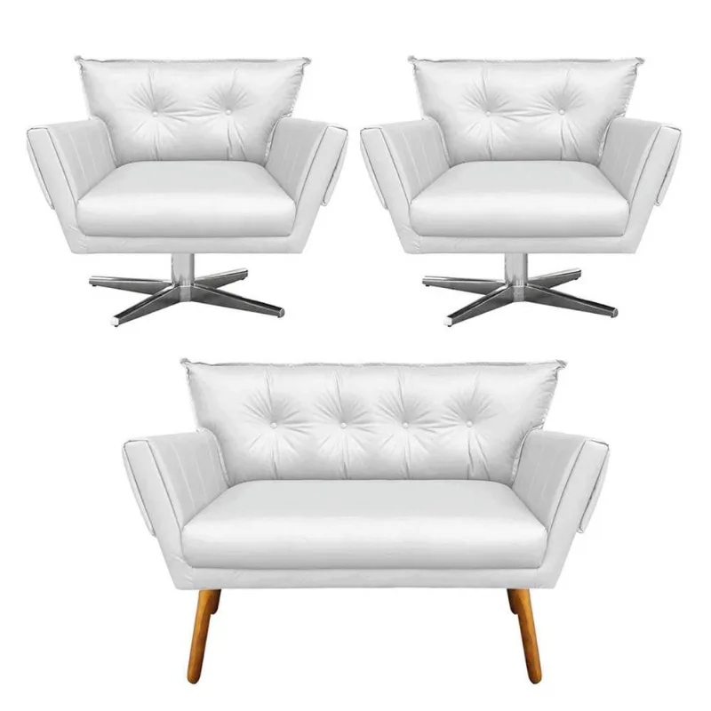 Kit 01 Namoradeira 02 Poltronas Corino Branco