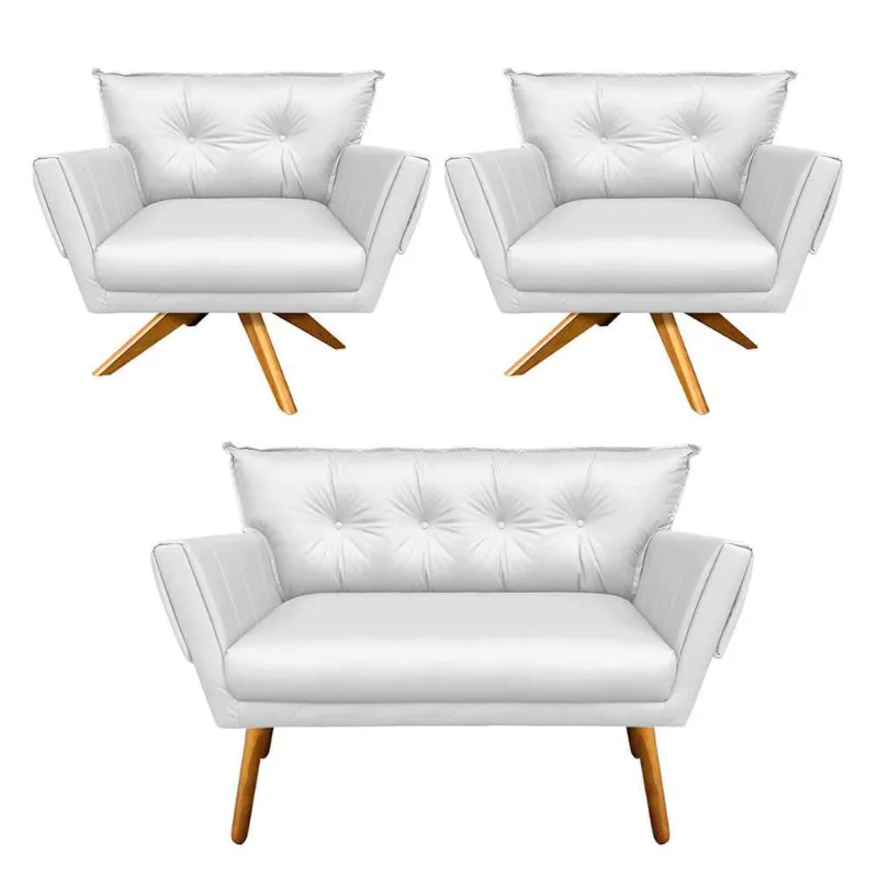 Kit 01 Namoradeira 02 Poltronas Corino Branco Base Madeira