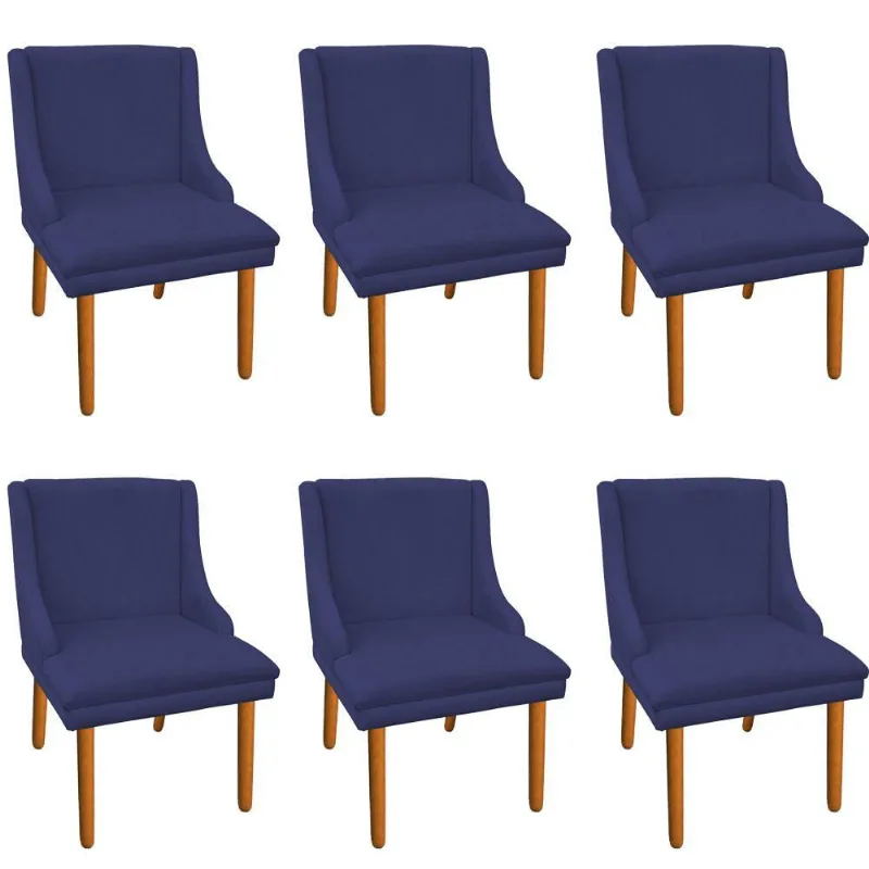 06 Cadeiras de Jantar Suede Pés Palito Castanho Azul Marinho - DRossi