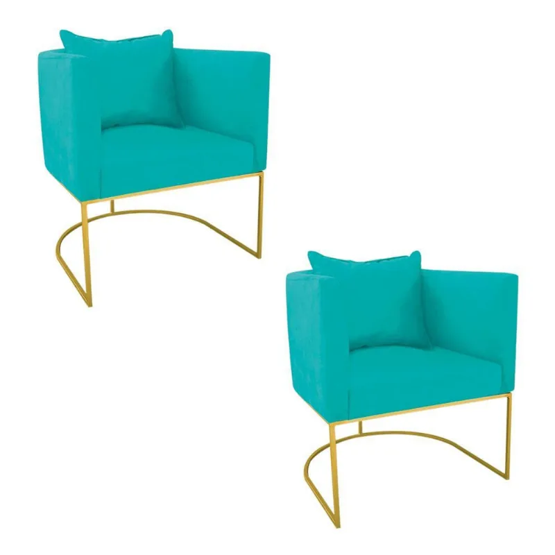 Kit 02 Poltronas Paola Suede Azul Turquesa Base Dourado