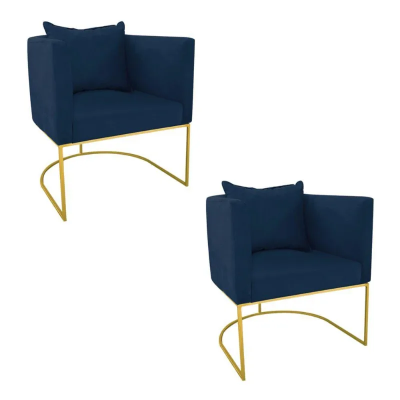 Kit 02 Poltronas Paola Suede Base Dourado Azul Marinho