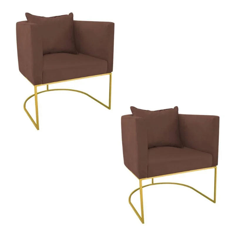 Kit 02 Poltronas Paola Suede Base Metálica Dourado