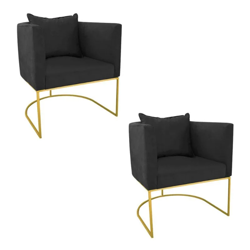 Kit 02 Poltronas Paola Suede Base Metálica Dourado
