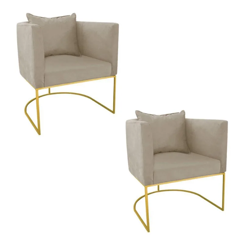 Kit 02 Poltronas Paola Suede Base Metálica Dourado