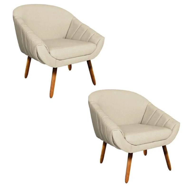 Kit 02 Poltronas Giovana Linho Areia A27 Pés Palito Castanho