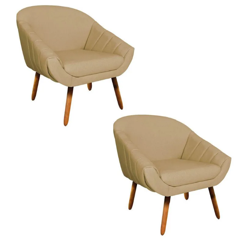 Kit 02 Poltronas Giovana Linho Bege A32 Pés Palito Castanho