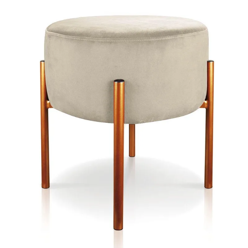 Puff Iron Suede Bege Base Metálica Cobre - Drossi