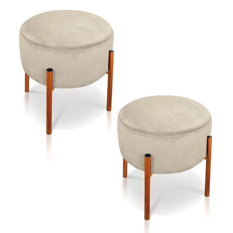 Kit 02 Puffs Iron Suede Bege Base Metálica Cobre - D´rossi