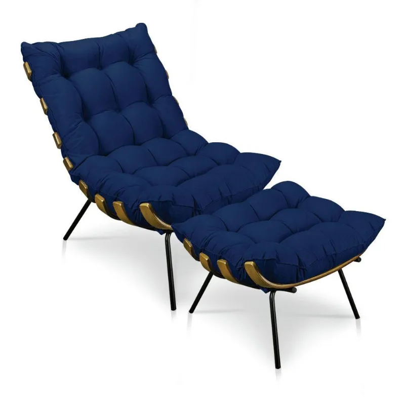 Kit Poltrona e Puff Costela Suede Azul Marinho Base Metal