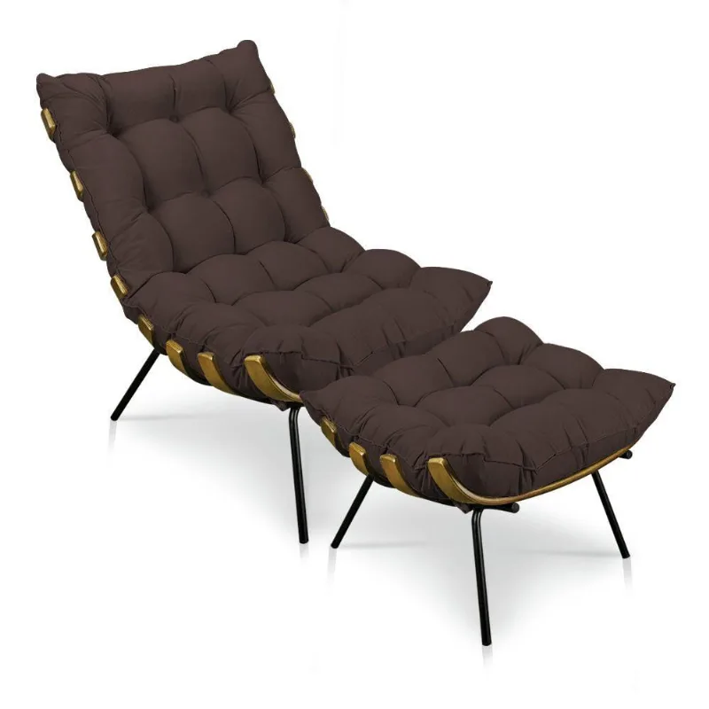 Kit Poltrona e Puff Costela Suede Marrom Base Metal Drossi