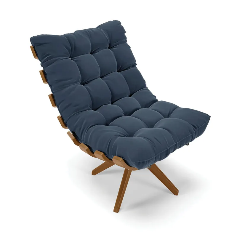 Poltrona Giratória Costela Suede Azul Marinho Base de Madeira MA30 M11 - D'Rossi