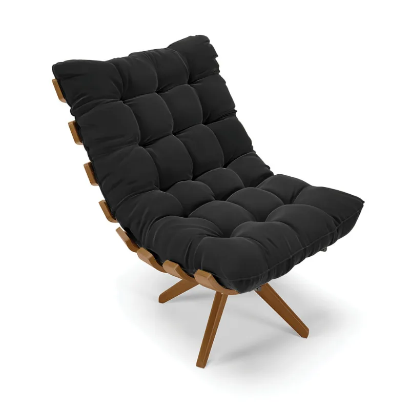 Poltrona Giratória Costela Suede Preto Base de Madeira MA30 M11 - D'Rossi