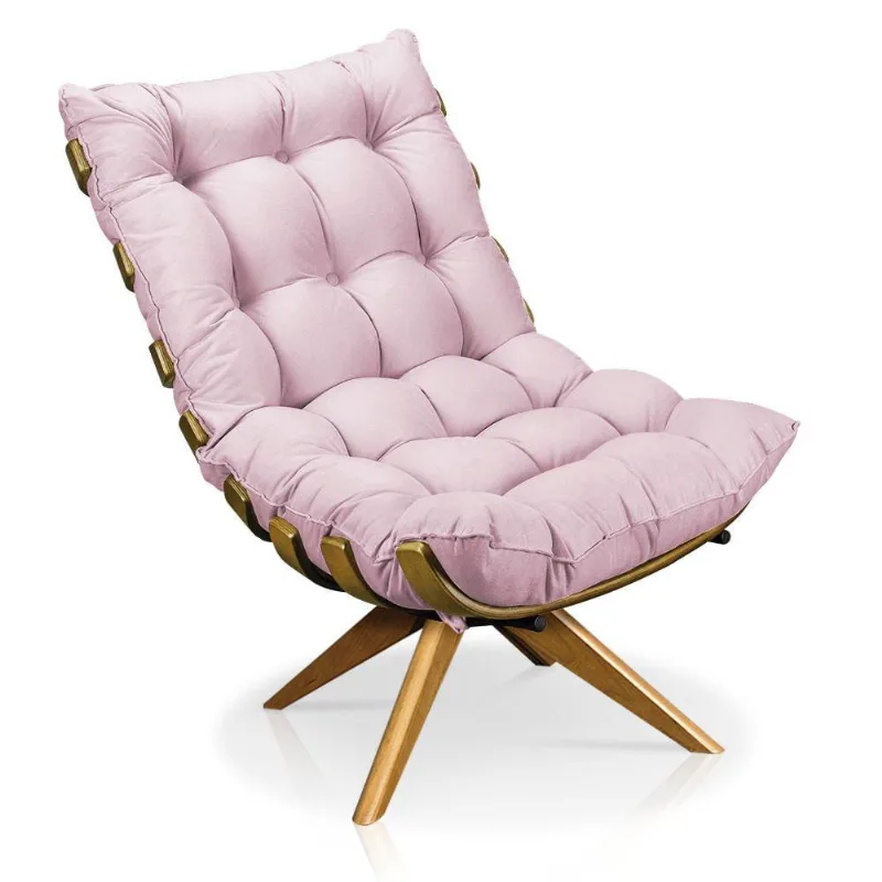 Poltrona Giratória Costela Suede Rosa Bebê Base Madeira