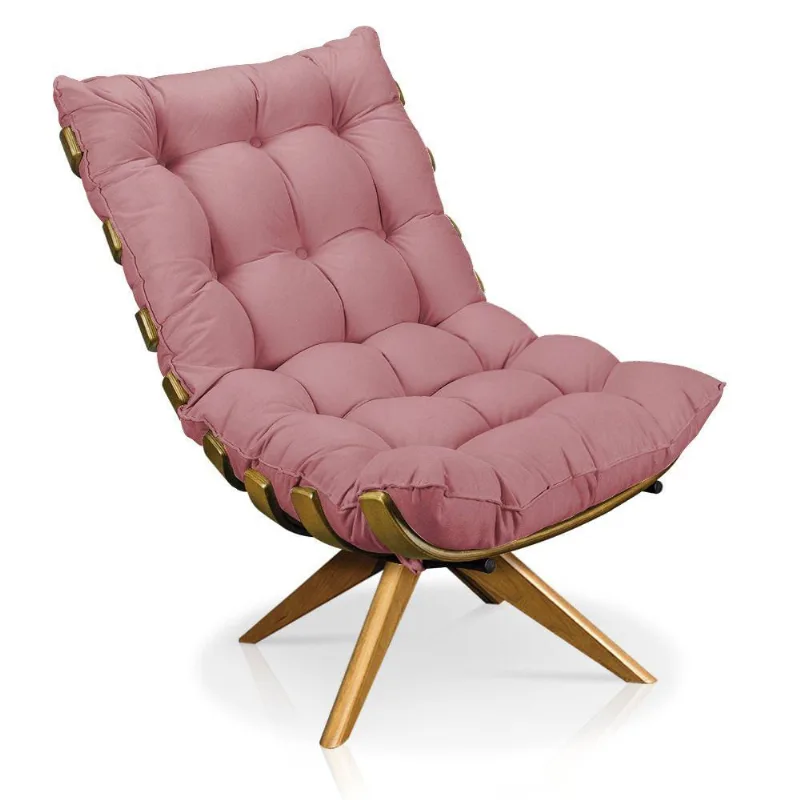 Poltrona Giratória Costela Suede Rose Base Madeira D´rossi