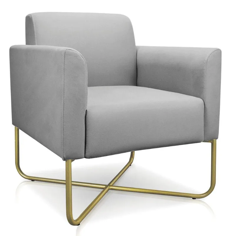 Poltrona Marisa Suede Base X Industrial Dourada Cinza